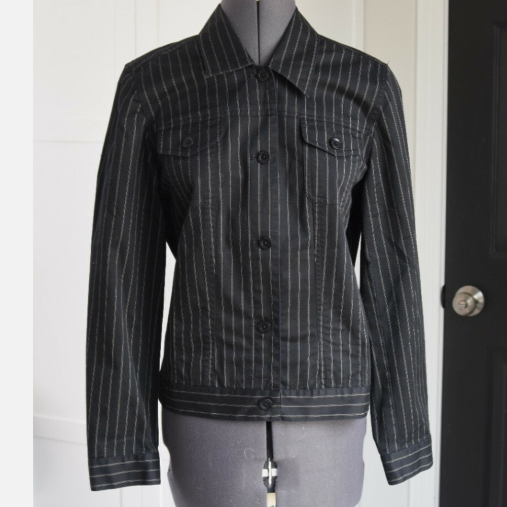 Set JONES New York Black Striped High Rise Straight Leg Pant & pinstripe jacket - Picture 1 of 12